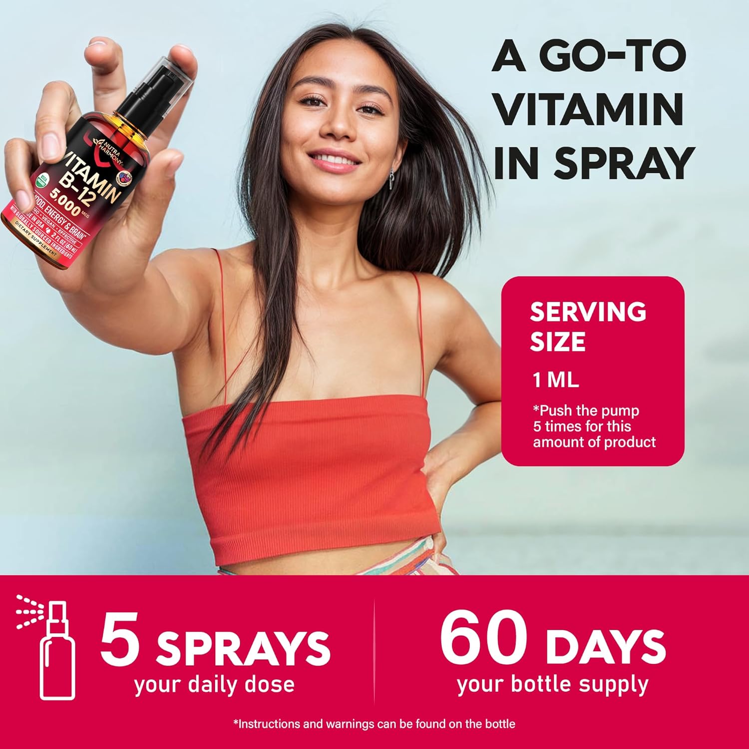 Spray Sublingual de Vitamina B12 Orgánico USDA - 5000 mcg - Metilcobalamina - 60 ml (2 Meses)