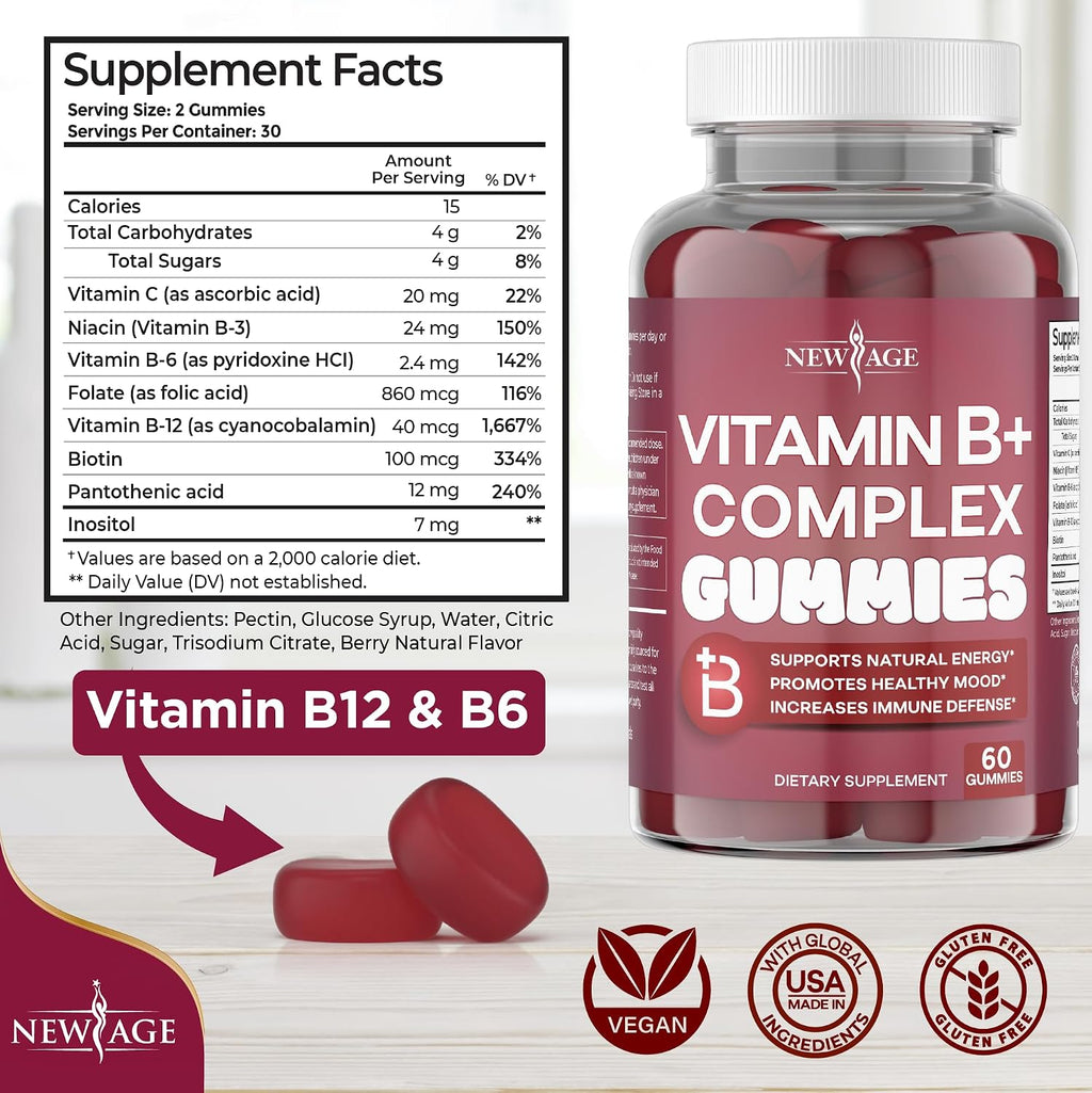 NEW AGE Complejo B Gominolas con Vitaminas B3, B6, B12, Biotina, Ácido Fólico y Vitamina C - 120 Gominolas (2 Paquetes)