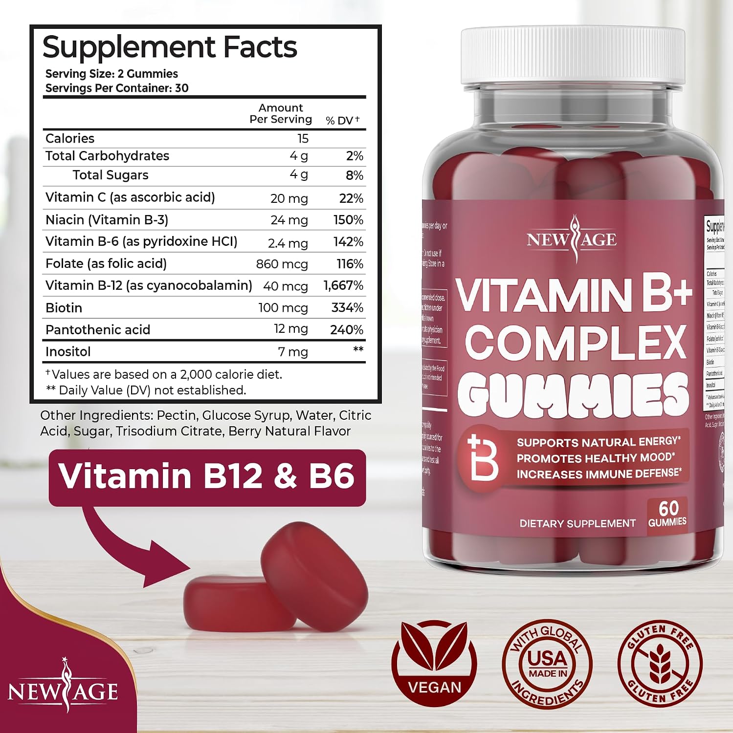 NEW AGE Complejo B Gominolas con Vitaminas B3, B6, B12, Biotina, Ácido Fólico y Vitamina C - 120 Gominolas (2 Paquetes)