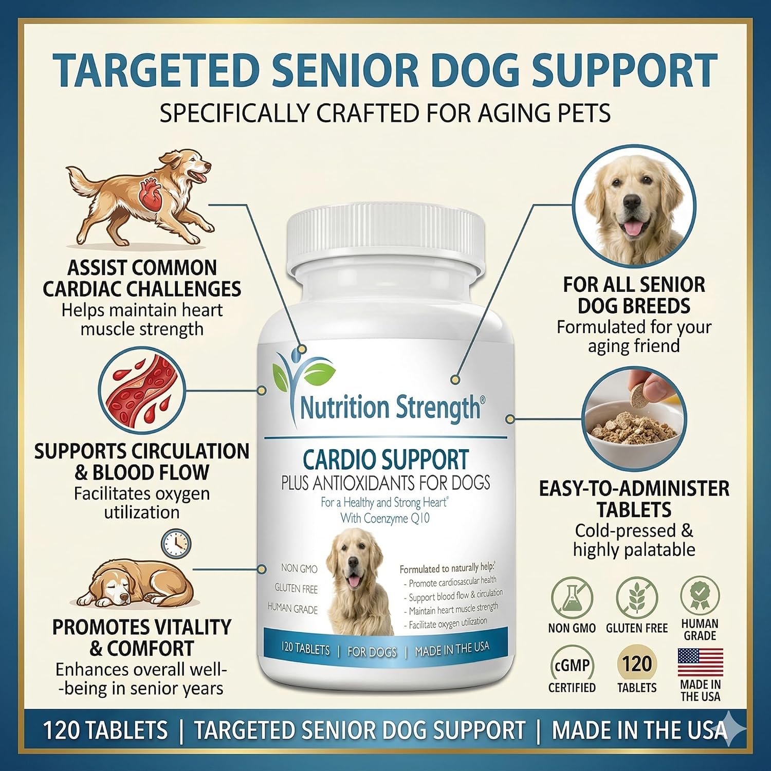 Nutrition Strength Cardio Support for Dogs with Antioxidants, L-Carnitine, L-Taurine, Coenzyme Q10 and Vitamin E, 120 Chewable Tablets