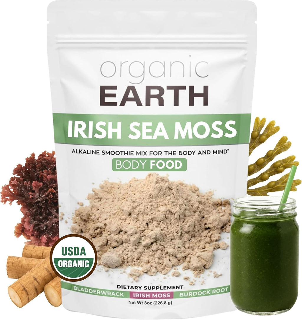 Organic Earth Irish Sea Moss en Polvo Orgánico con Bladderwrack y Bardana - 227g