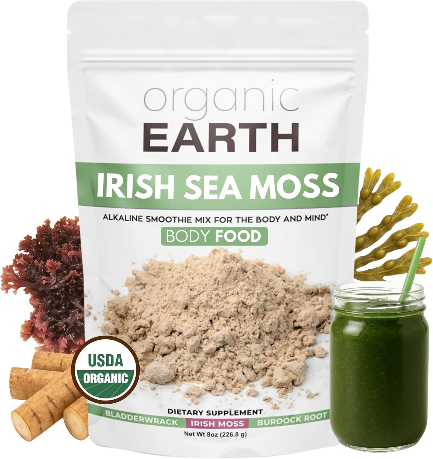 Organic Earth Irish Sea Moss en Polvo Orgánico con Bladderwrack y Bardana - 227g