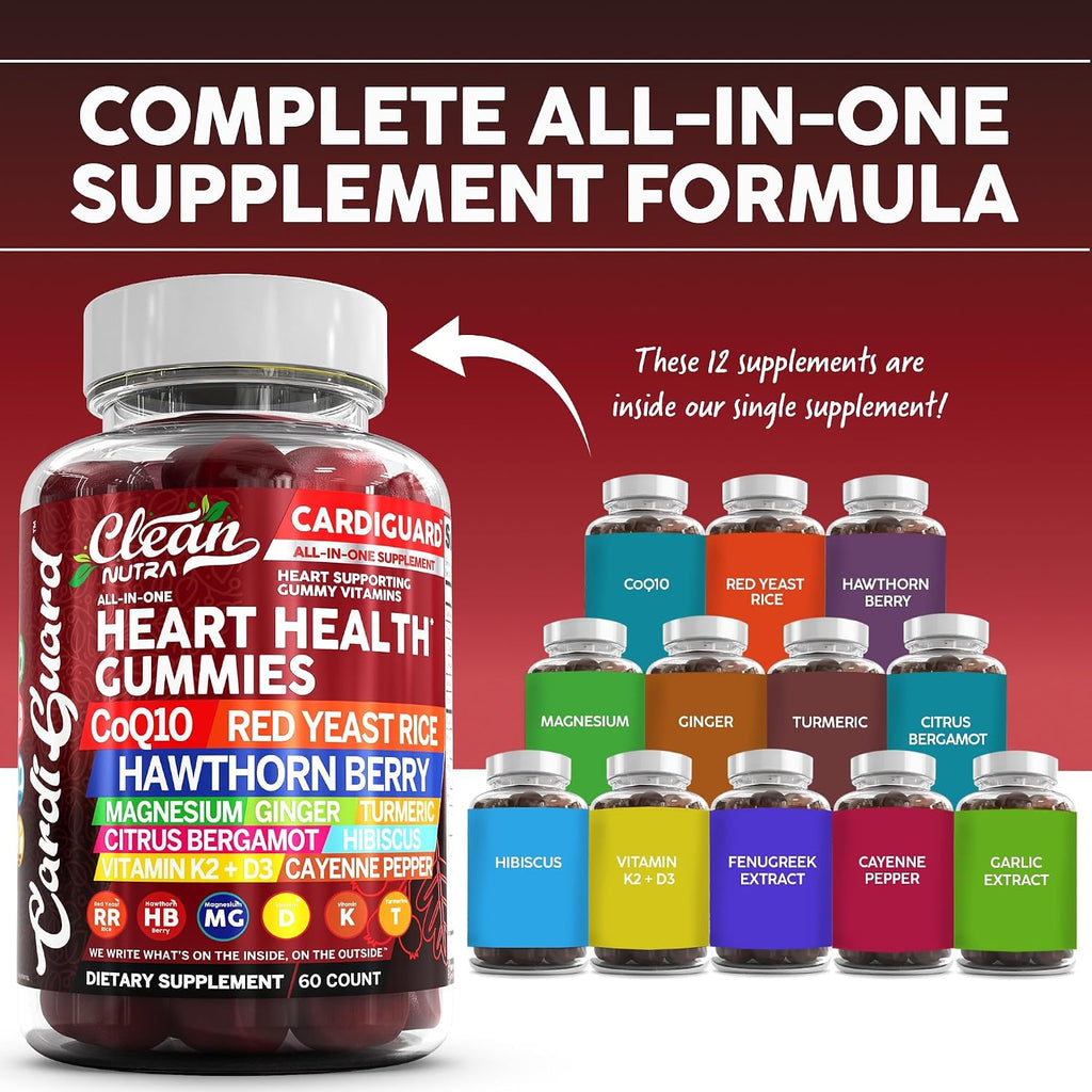 Clean Nutraceuticals CoQ10 Gummies - CardiGuard - Gominolas de Coenzima Q10 con Arroz de Levadura Roja, Espino Blanco, Jengibre, Cúrcuma, Bergamota, Hibisco, Vitamina K2+D3, Magnesio Glicinato, Pimienta de Cayena y Fenogreco - Sabor Naranja