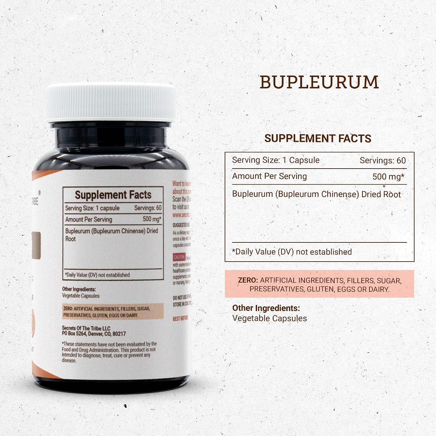 Secrets of the Tribe Bupleurum 60 Cápsulas, 500 mg, Raíz Seca de Bupleurum Chinense