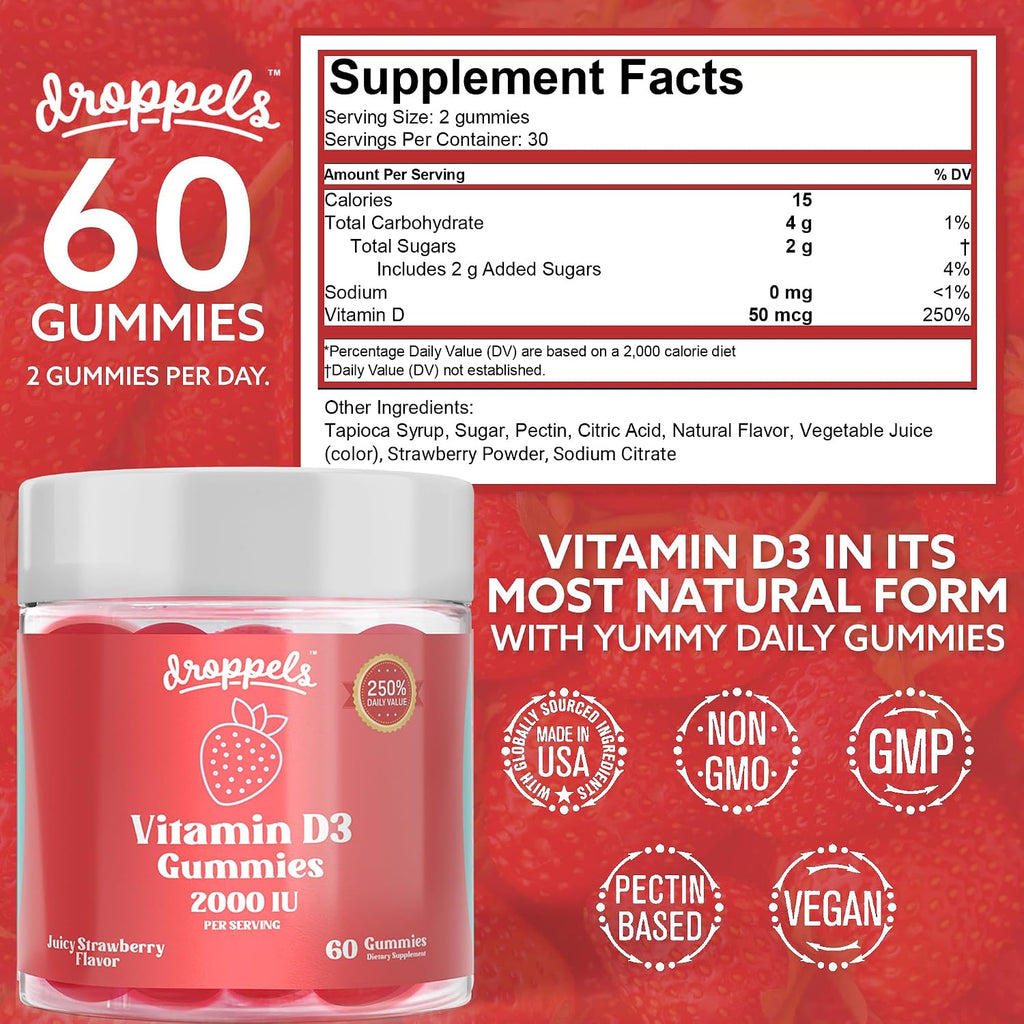 Droppels Vitamina D3 Gominolas 2000 UI – Sabor Fresa – 60 Gominolas