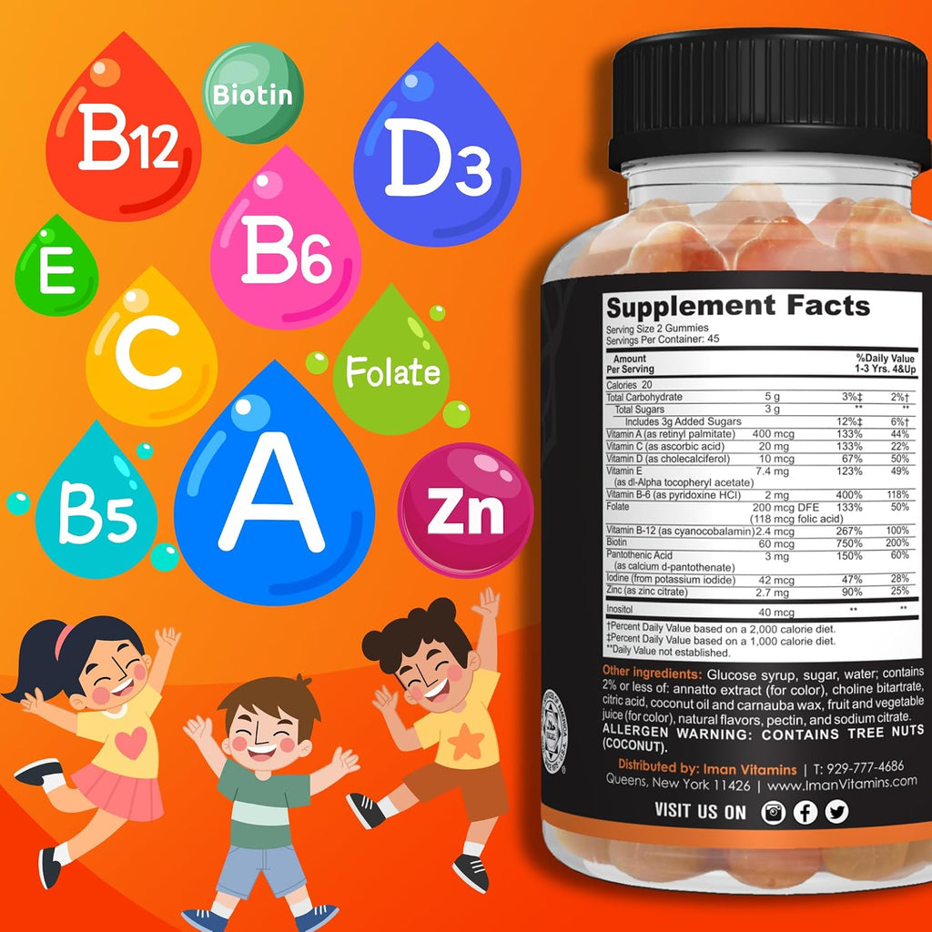 Iman Vitamins Gominolas Multivitamínicas Halal para Niños | Vitaminas C, D, Zinc, A, E, B6, B12, Biotina, Folato, Inositol | 90 Gominolas