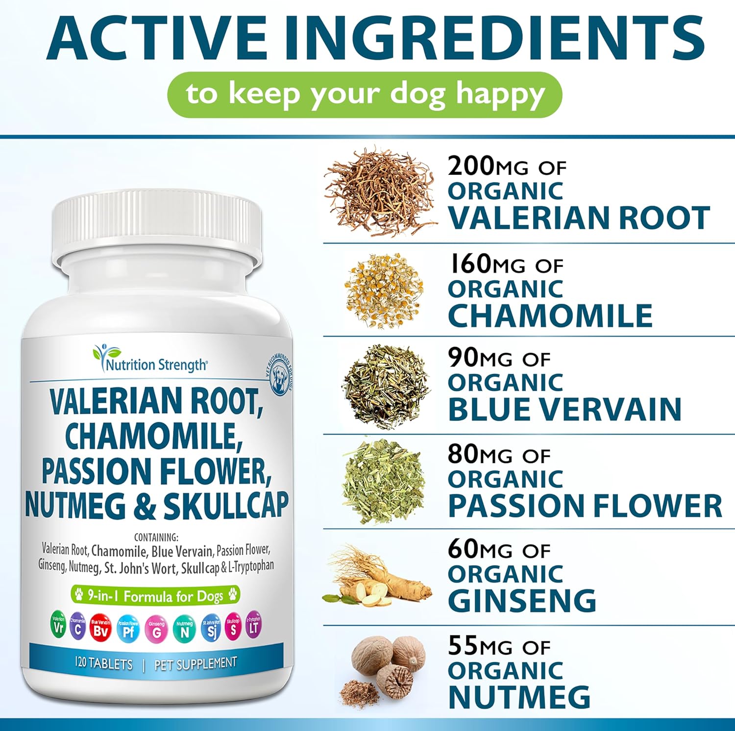 Nutrition Strength 9-en-1 Valeriana para Perros 200mg, Manzanilla 160mg, L-Triptófano y Hierbas para Estrés y Calma, 120 Comprimidos