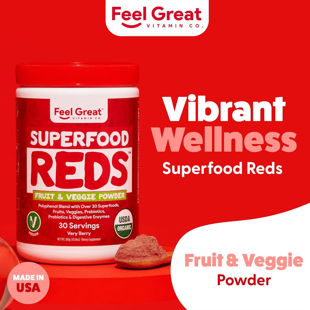 Feel Great Organic Superfood Reds Powder - Remolacha, Frutas y Verduras - Apoyo Digestivo y Antioxidante