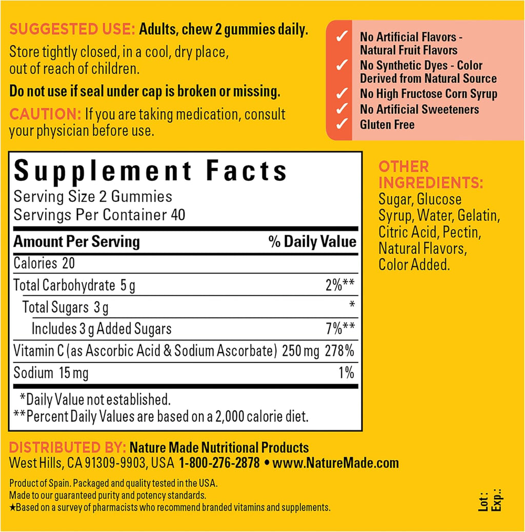 Nature Made Gomitas de vitamina C 250 mg por porción para el apoyo inmunológico diario, gomitas de vitamina C para el apoyo inmunológico de adultos, 80 unidades, suministro para 40 días