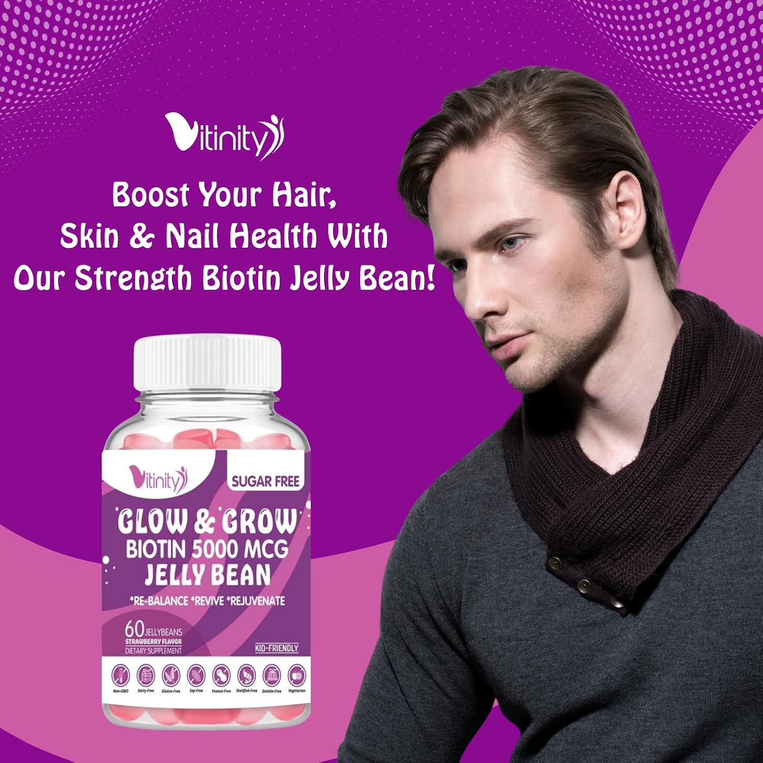 VITINITY Biotin 5000 mcg Extra Strength - Gominolas sin azúcar - 60 unidades (30 días)