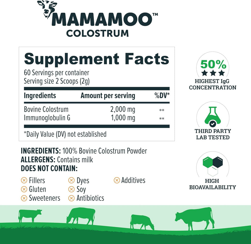 MamaMoo™ Colostro Bovino en Polvo >50% IgG, de Pasto, Verificado Non-GMO, 400+ Nutrientes, 60 Dosis (Sin Sabor)