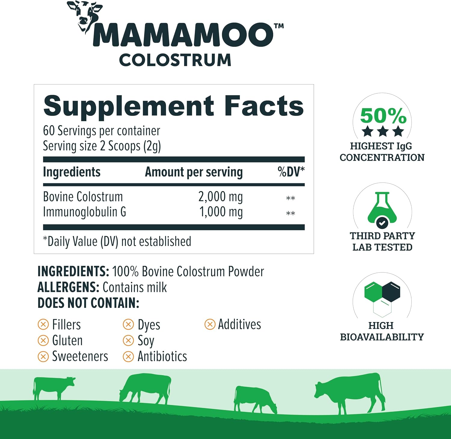 MamaMoo™ Colostro Bovino en Polvo >50% IgG, de Pasto, Verificado Non-GMO, 400+ Nutrientes, 60 Dosis (Sin Sabor)