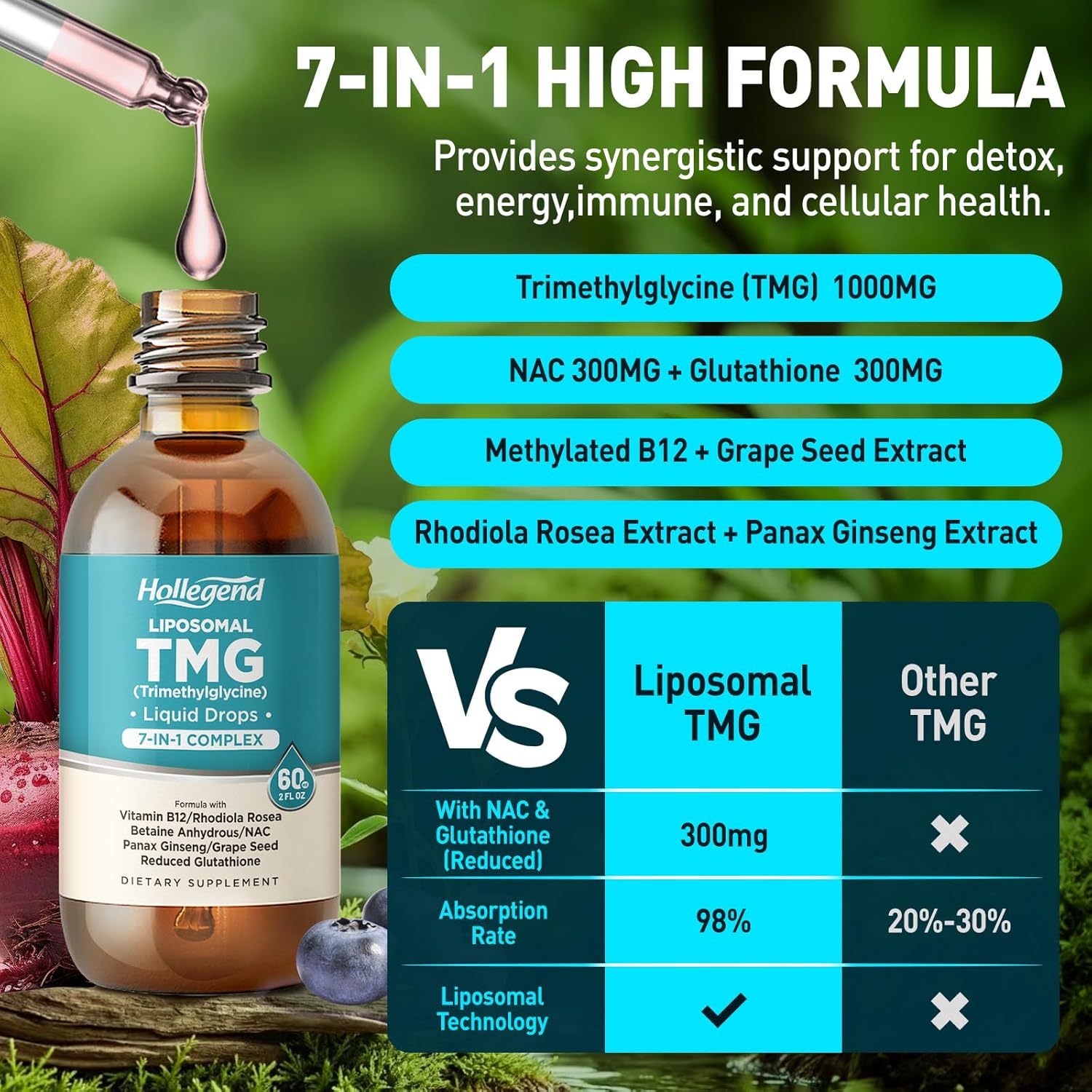 HOLLEGEND Liposomal TMG Suplemento Líquido, 1000mg Trimetilglicina como Betaína Anhidra, Alta Absorción, 60 ml