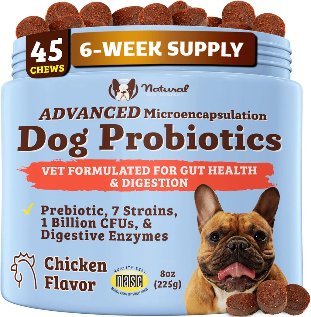Natural Dog Company Probióticos para Perros – Masticables con 1B UFC, Cepas Microencapsuladas, Prebióticos y Enzimas para la Salud Digestiva, 45 unidades