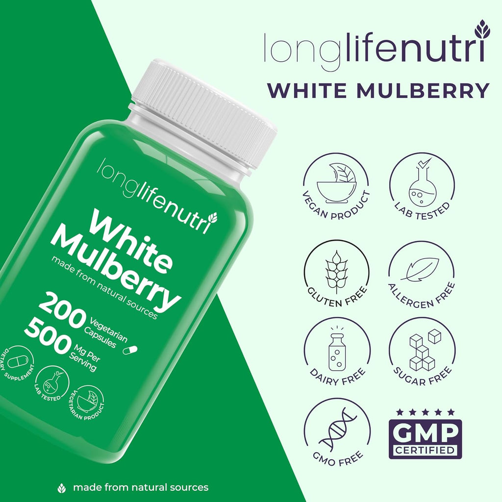 Extracto de Hoja de Morera Blanca 500 mg | 200 Cápsulas Vegetales | LongLifeNutri