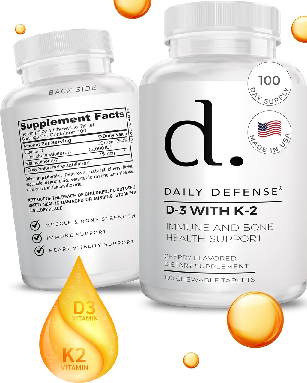 Daily Defense - Vitamina D3 y K2 2000 UI, 100 Comprimidos Masticables