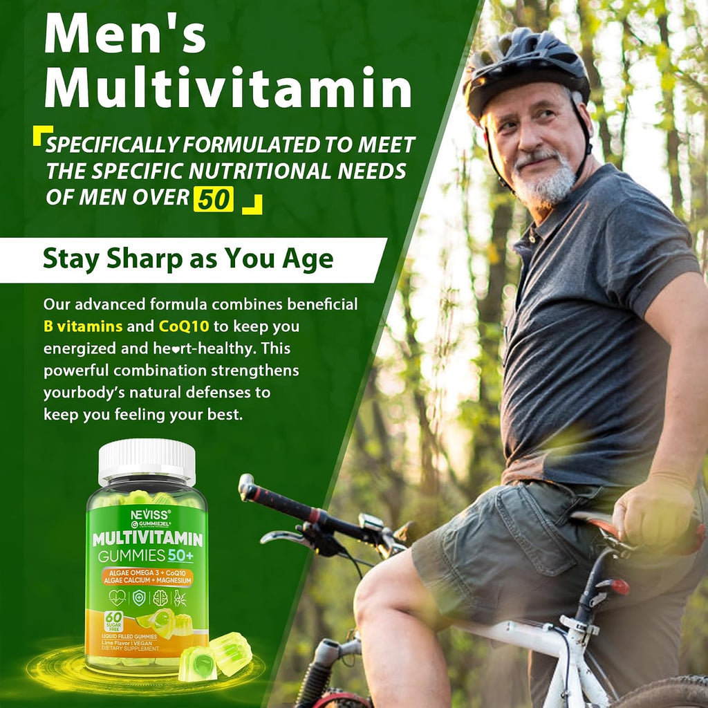 Multivitamínico para Hombres 50+ Sin Azúcar con Omega-3, CoQ10, D3K2, Calcio, Magnesio, Zinc y Vitaminas A, C y E - 60 Gomitas
