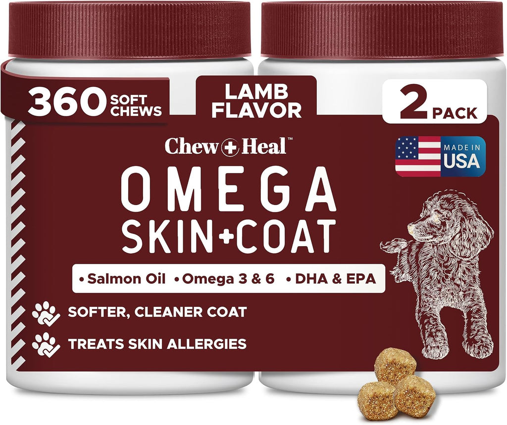 Dog Skin and Coat Supplement - 360 Soft Chew Omega Treats para Alergias de Piel - Mezcla de Aceite de Salmón con Ácidos Grasos Esenciales, Omega 3, 6, Vitaminas, Minerales - Hecho en USA (2 Paquetes de 180, Sabor Cordero)