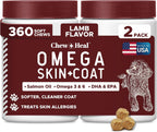 Dog Skin and Coat Supplement - 360 Soft Chew Omega Treats para Alergias de Piel - Mezcla de Aceite de Salmón con Ácidos Grasos Esenciales, Omega 3, 6, Vitaminas, Minerales - Hecho en USA (2 Paquetes de 180, Sabor Cordero)