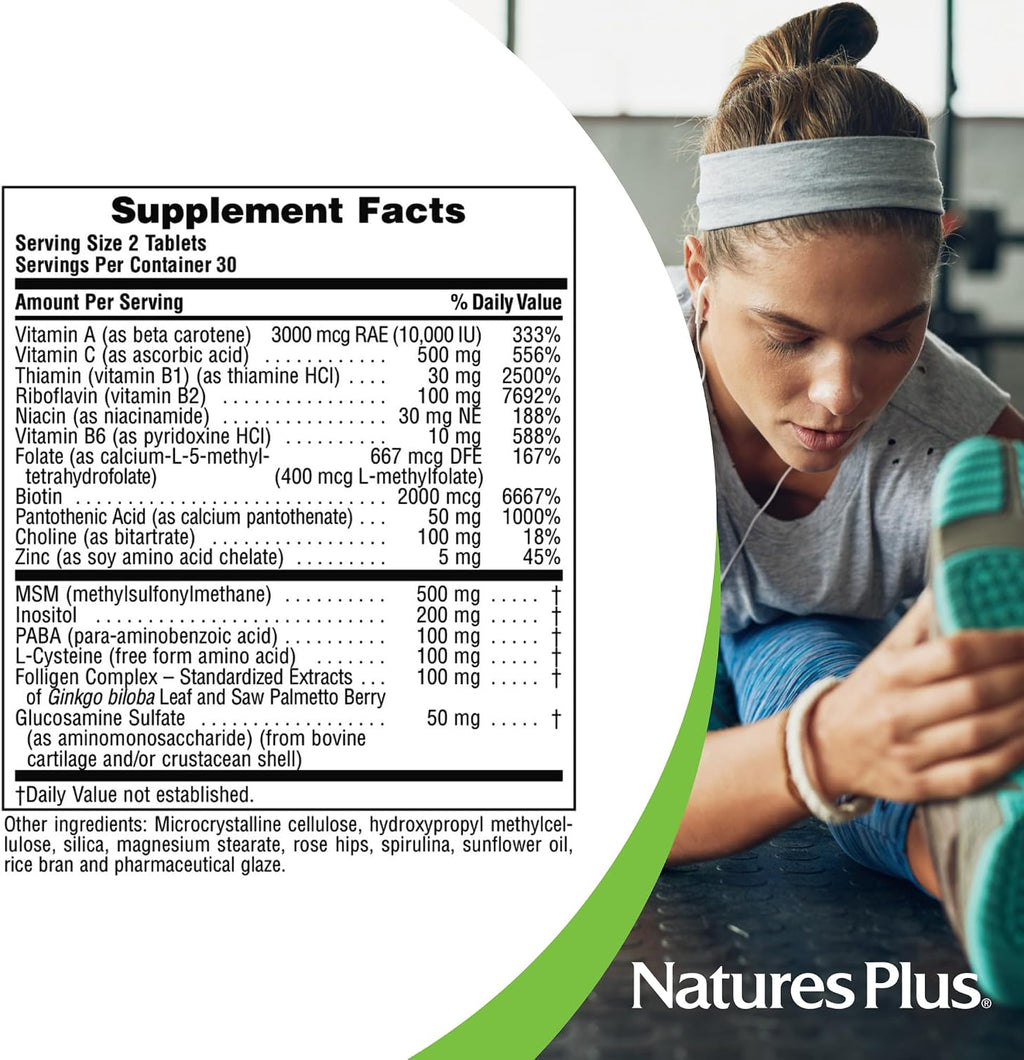 NaturesPlus Ultra Hair Plus - 60 Comprimidos, Paquete de 2 - Fórmula de Liberación Sostenida para Hombres y Mujeres - Sin Gluten
