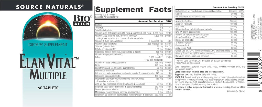 Source Naturals Elan Vital Multivitamínico - Fórmula Completa con Antioxidantes - 60 Comprimidos