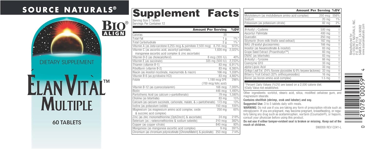 Source Naturals Elan Vital Multivitamínico - Fórmula Completa con Antioxidantes - 60 Comprimidos