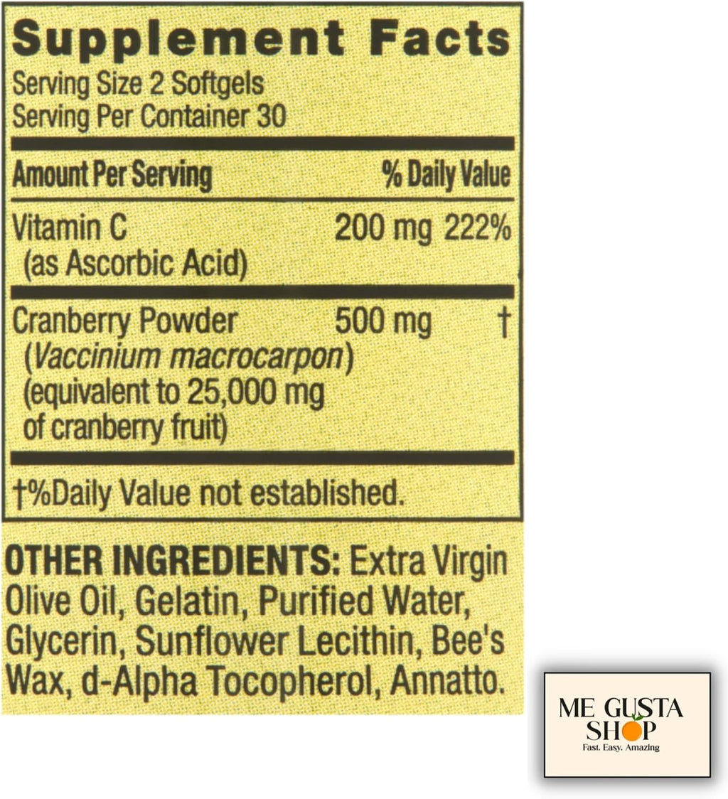 Spring Valley Cranberry 500mg Plus Vitamina C 200 mg - 60 Softgels con Pastillero