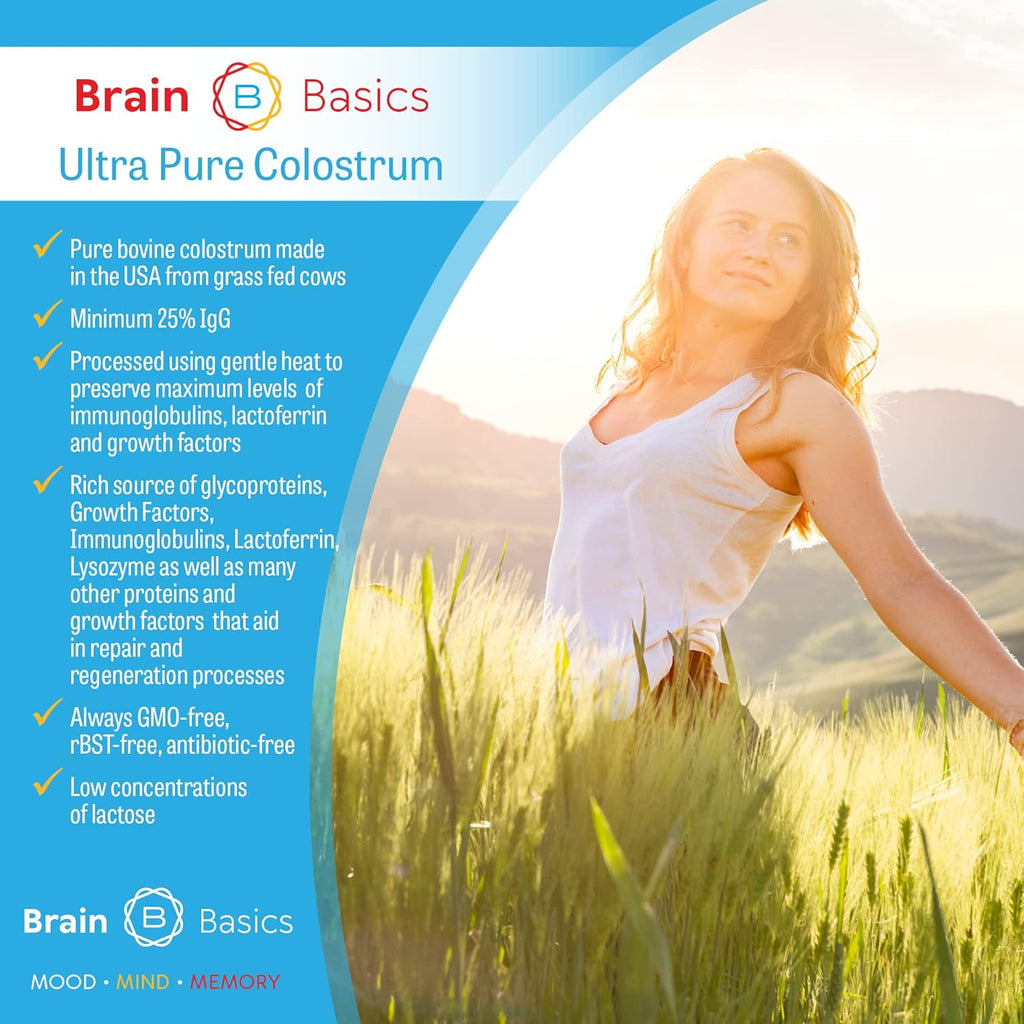 Brain Basics Ultra-Pure Colostrum en Polvo, 4000mg por Ración, Mín. 25% Anticuerpos IgG, 120 Gramos - 30 Raciones