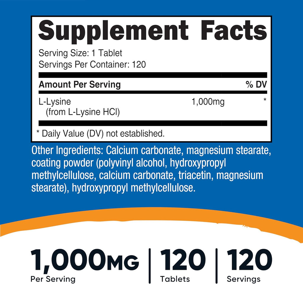 Nutricost L-Lisina 1000mg, 120 Comprimidos - Sin Gluten, No GMO, Apto para Vegetarianos