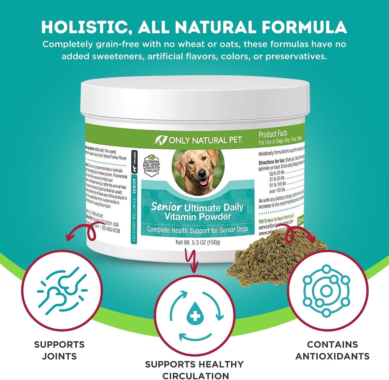 Only Natural Pet Senior Ultimate Daily - Suplemento vitamínico para perros mayores - 150 g en polvo sabor pavo