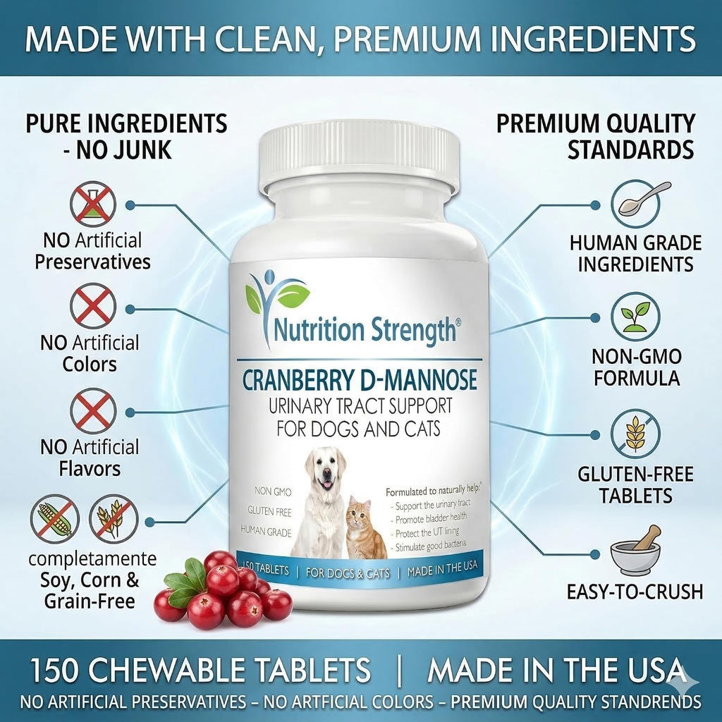 Cranberry D-Mannose para Perros – Apoyo para el Tracto Urinario y la Salud de la Vejiga – Con Arándano, D-Mannosa y Vitamina C – 150 Comprimidos Masticables