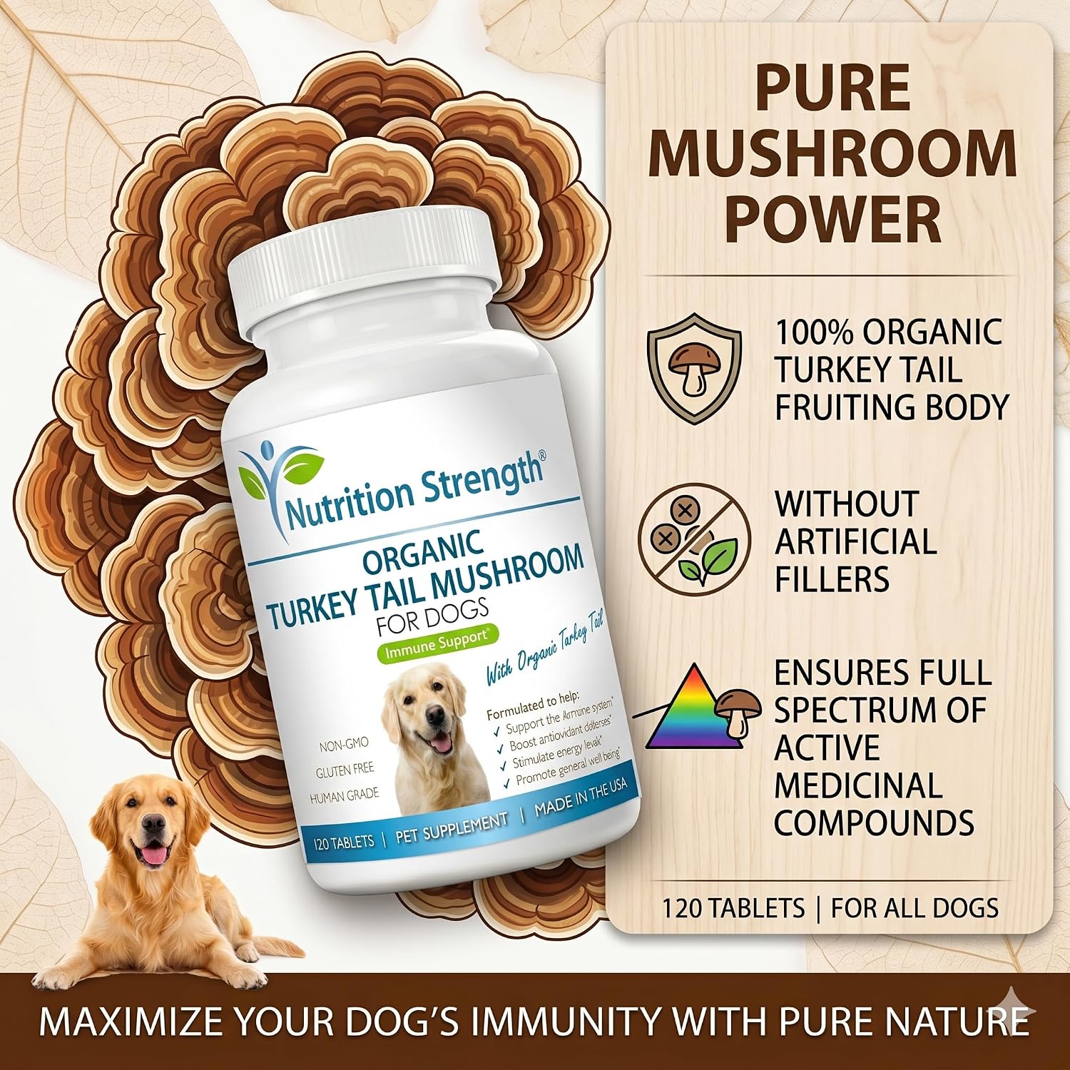 Nutrition Strength Cola de Pavo Orgánica para Perros - 500mg de Alta Potencia - Apoyo Inmunológico - Salud Celular - 120 Comprimidos Masticables