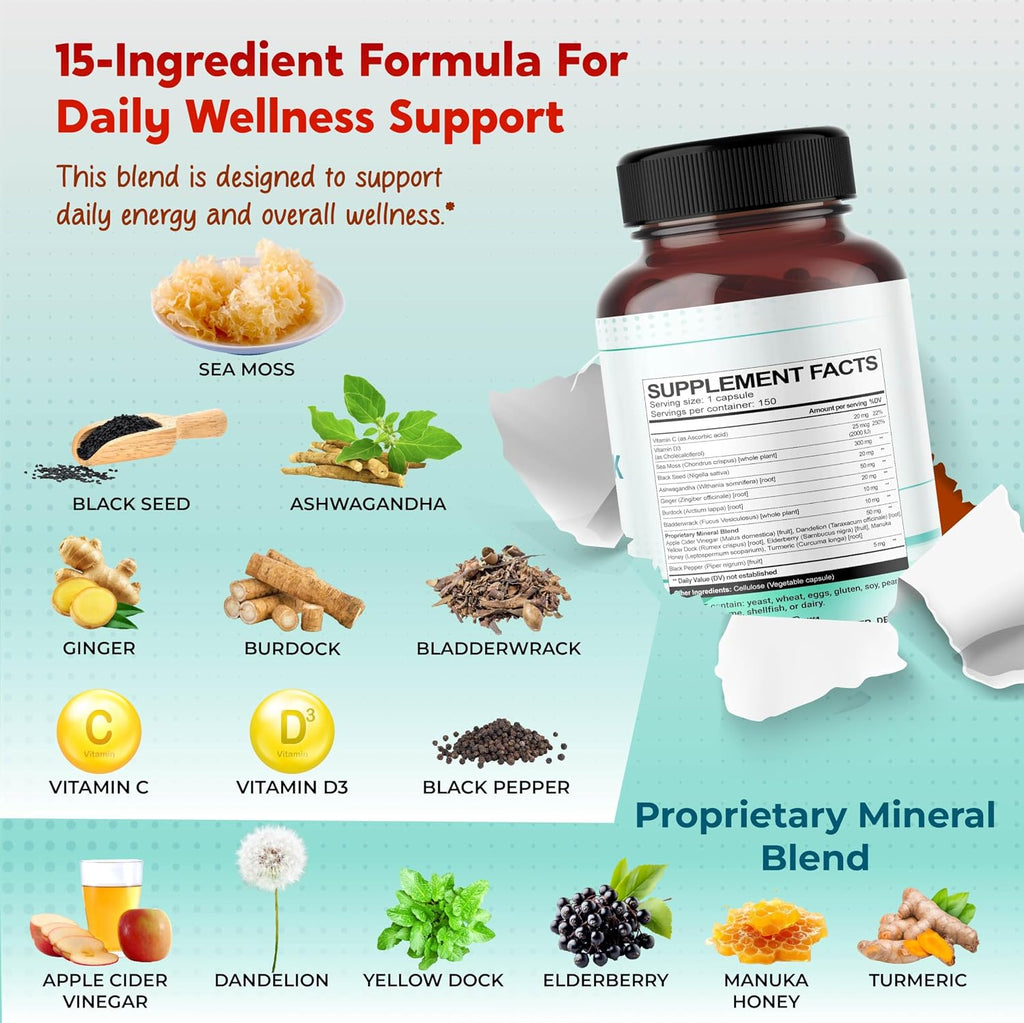 PEAKPURY Sea Moss Black Seed Oil Ashwagandha Ginger Burdock Bladderwrack - Apoyo Inmunitario