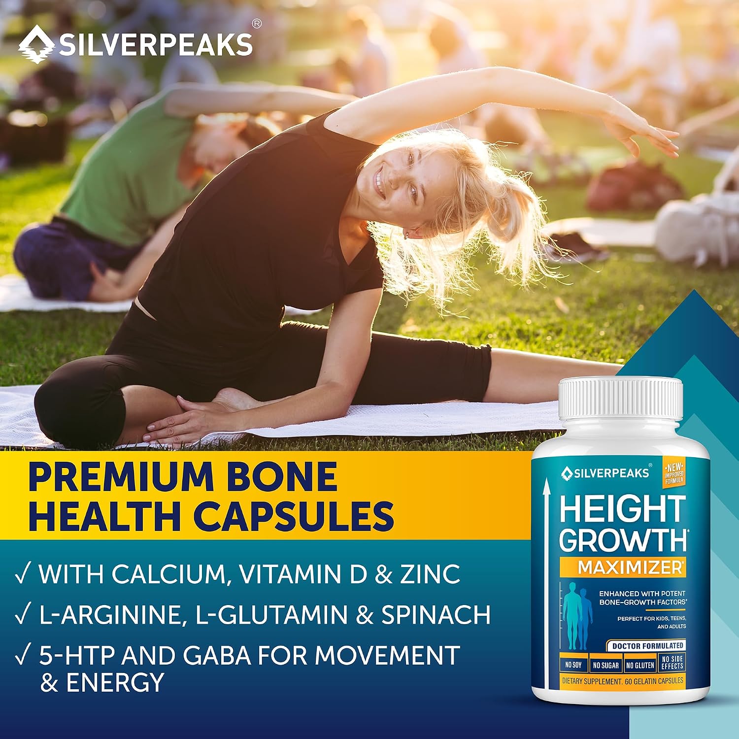 SILVERPEAKS Height Growth Maximizer - 60 Cápsulas con Calcio, Zinc, GABA y Vitamina D3