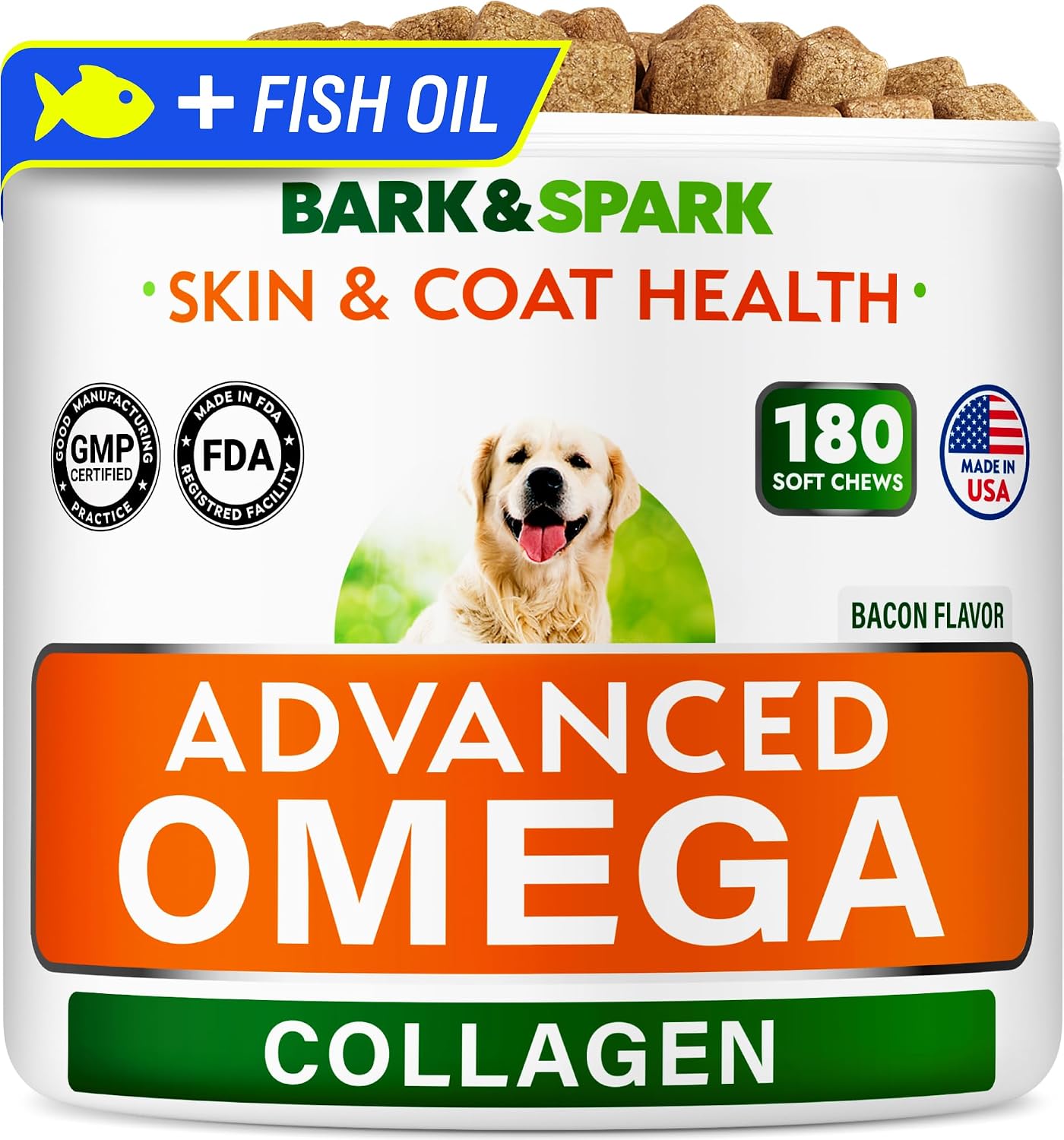Omega 3 para Perros y Gatos - 180 Golosinas de Aceite de Salmón con EPA y DHA - Complemento para Piel, Pelaje y Articulaciones - Sabor Bacon