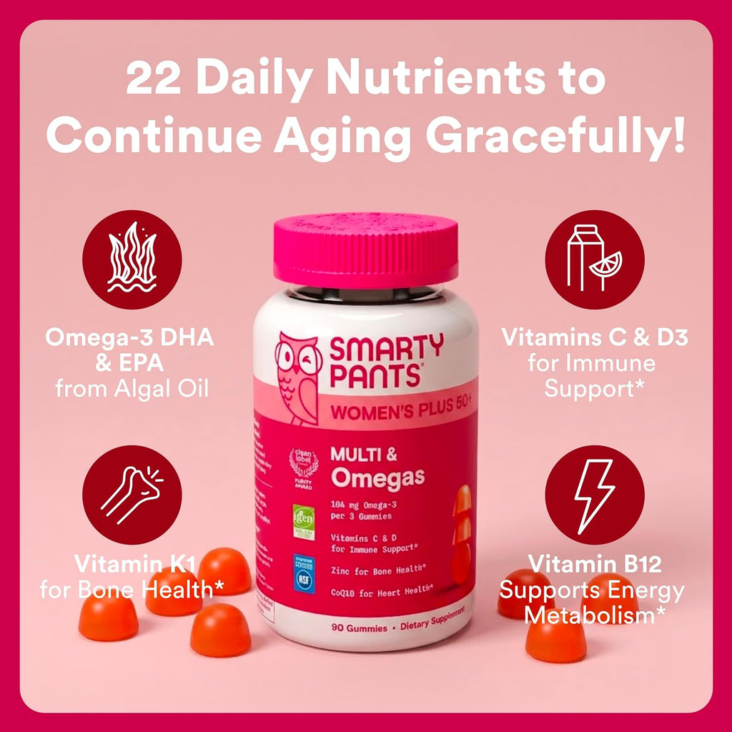 SmartyPants Women's Plus 50+ Multi & Omegas Multivitamínico Gummies con Omega 3 DHA/EPA, Metilfolato, CoQ10 - 90 Gominolas