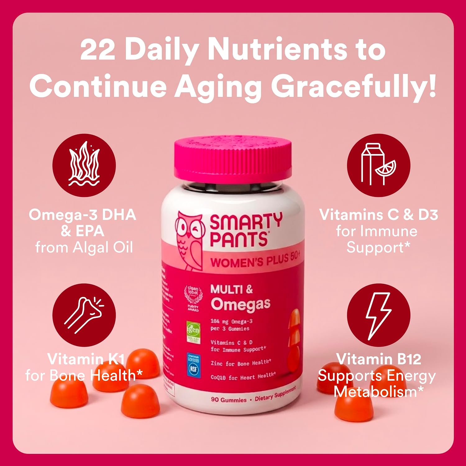 SmartyPants Women's Plus 50+ Multi & Omegas Multivitamínico Gummies con Omega 3 DHA/EPA, Metilfolato, CoQ10 - 90 Gominolas