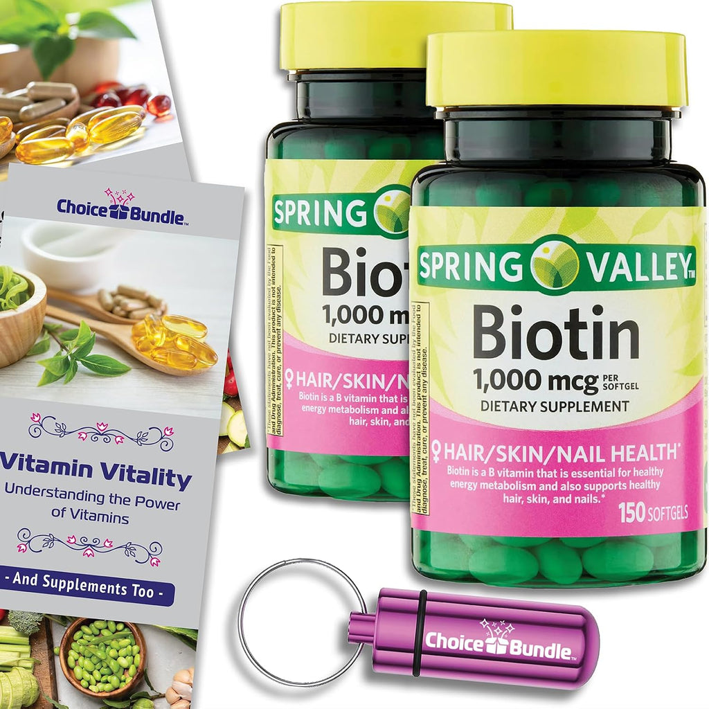 Spring Valley Biotina 1000mcg, 150 Cápsulas Blandas - Paquete de 4 (600 total) + Guía y Pastillero