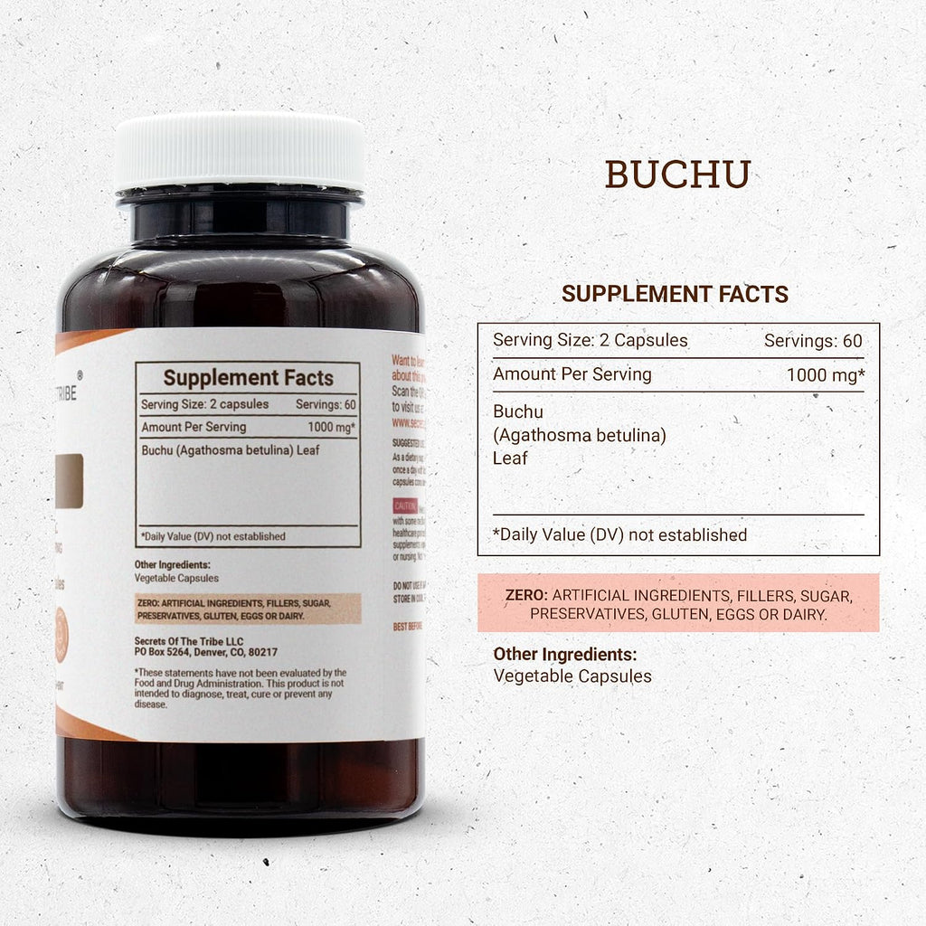 Secrets of the Tribe Buchu 120 Cápsulas, 1000 mg - Hojas Secas de Buchu (Agathosma Betulina)
