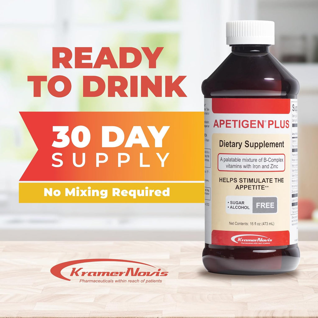 Apetigen-Plus Estimulante del Apetito Líquido para Niños y Adultos – con Vitaminas B1, B2, B3, B5, B6, B12, Zinc, Hierro y L-Lisina – Sin Azúcar, Sin Aceite de Pescado – 473 ml (16 oz), Sabor Naranja