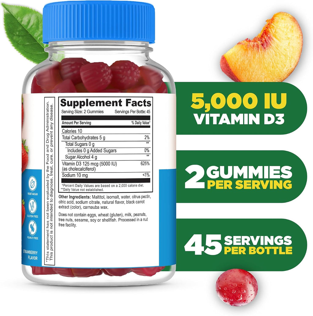 Lifeable Vitamina D3 5000 IU Sin Azúcar - Gomitas con Sabor Natural a Fresa - 90 Unidades