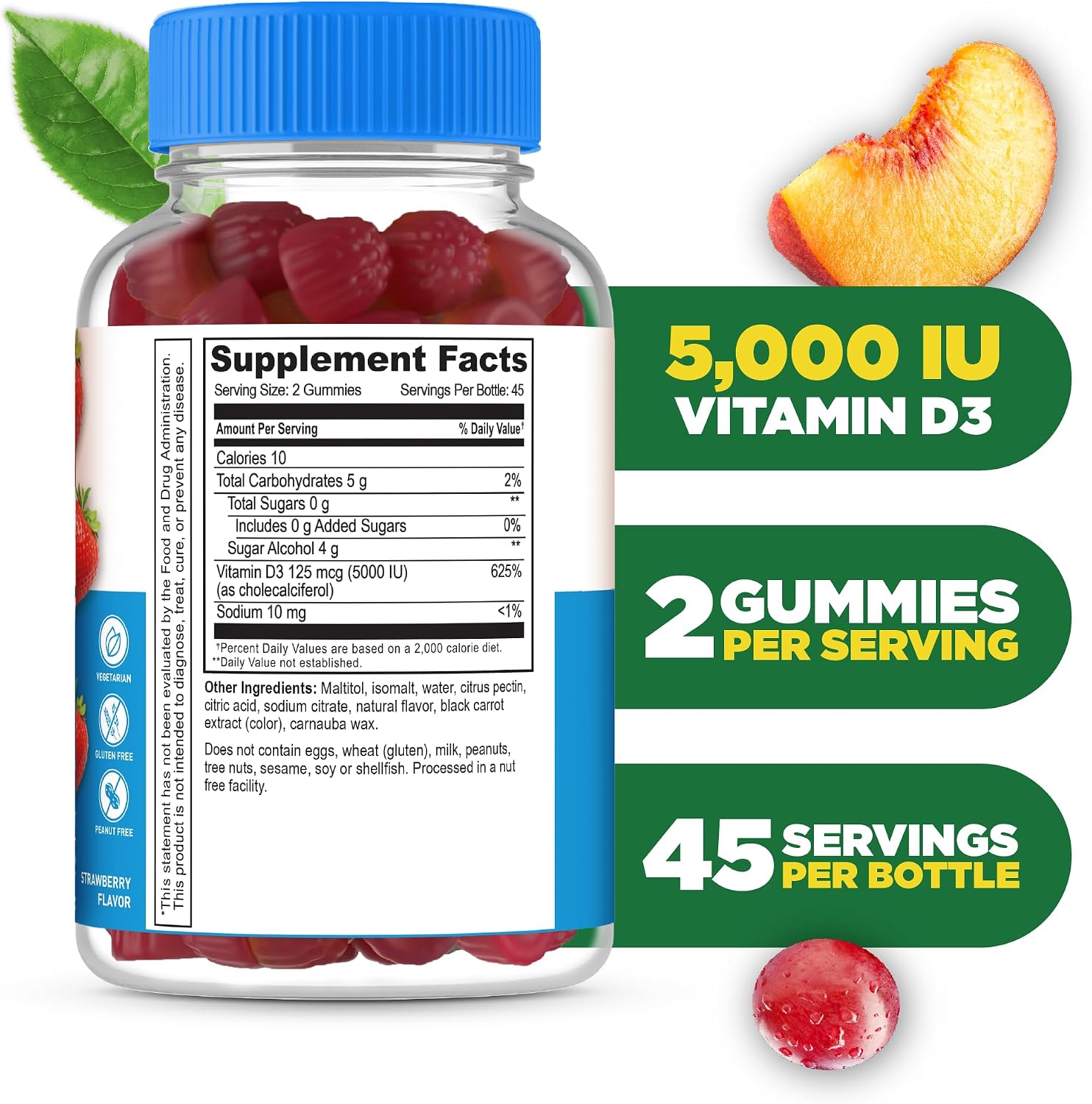 Lifeable Vitamina D3 5000 IU Sin Azúcar - Gomitas con Sabor Natural a Fresa - 90 Unidades