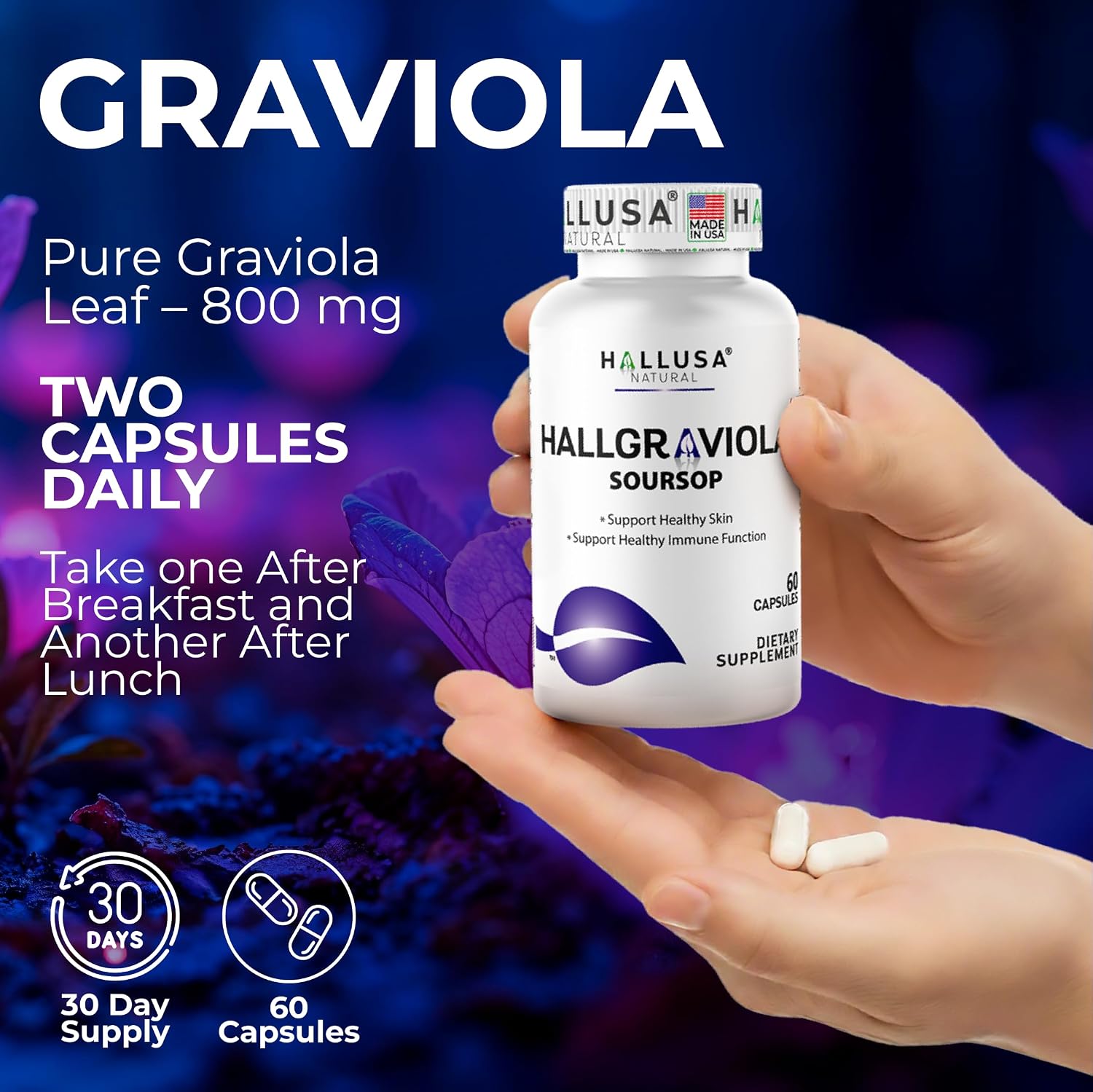 Hallusa Natural Graviola Soursop 800mg - 60 Cápsulas - Complemento Alimenticio de Guanábana
