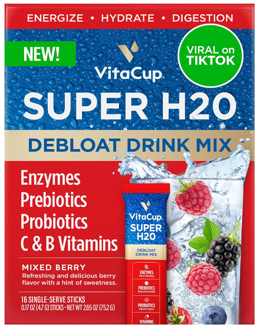 VitaCup Super H2O Mezcla en Polvo para Alivio de la Hinchazón y Salud Digestiva, con Probióticos, Prebióticos, Vitaminas C y B, Sabor a Bayas, 32 Sobres