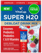 VitaCup Super H2O Mezcla en Polvo para Alivio de la Hinchazón y Salud Digestiva, con Probióticos, Prebióticos, Vitaminas C y B, Sabor a Bayas, 32 Sobres