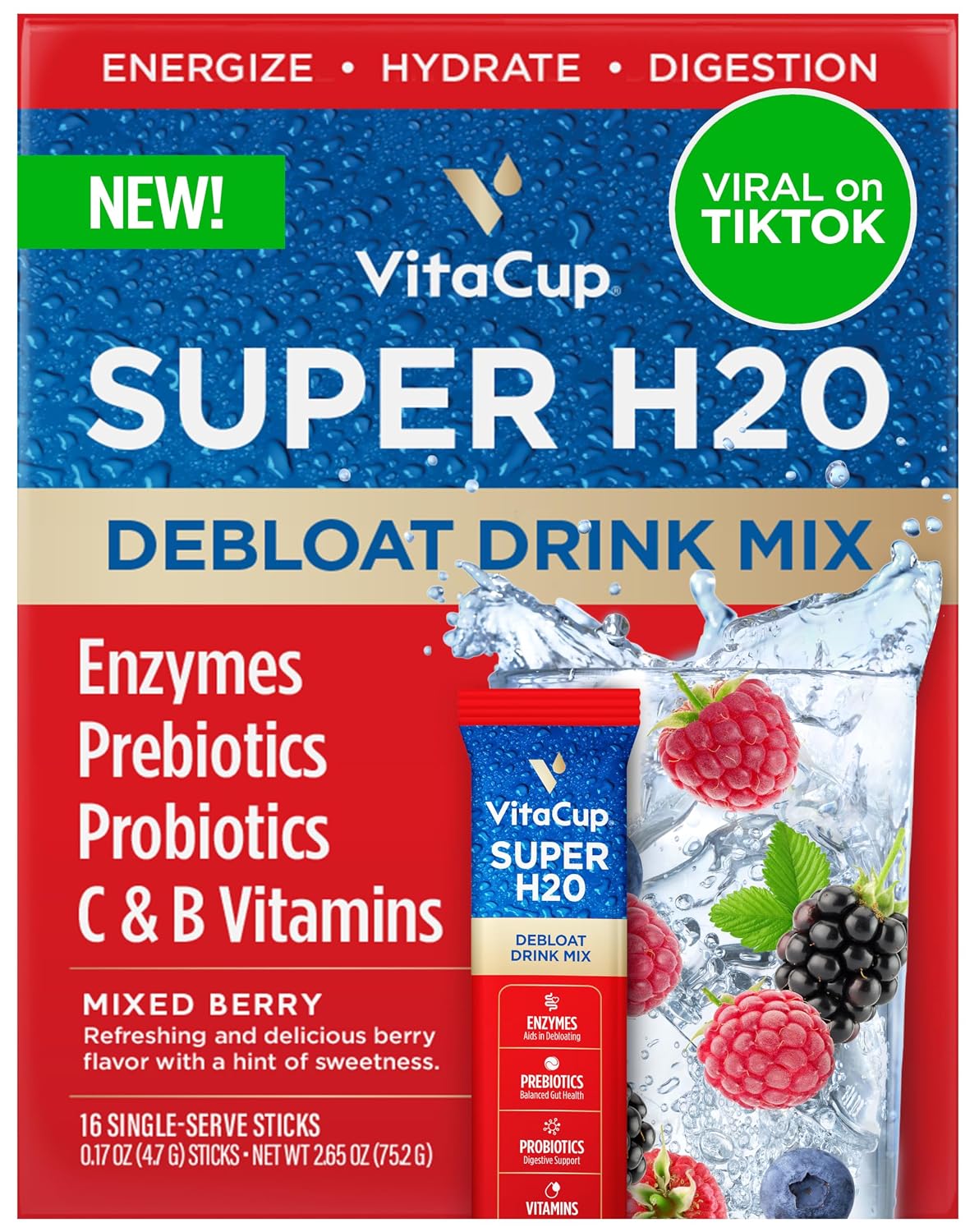 VitaCup Super H2O Mezcla en Polvo para Alivio de la Hinchazón y Salud Digestiva, con Probióticos, Prebióticos, Vitaminas C y B, Sabor a Bayas, 32 Sobres
