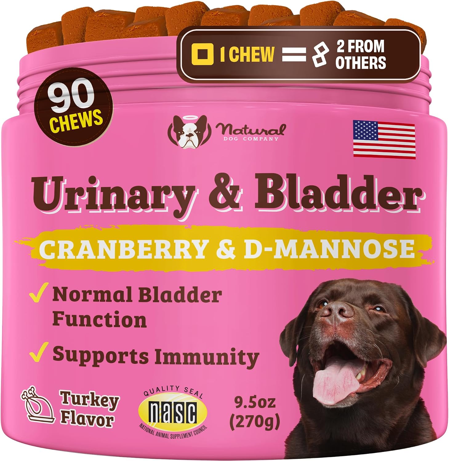 Natural Dog Company Suplemento Urinario y de Vejiga para Perros – Arándano Rojo, D-Manosa, Malvavisco y Astrágalo, Snacks Blandos, 90 uds.