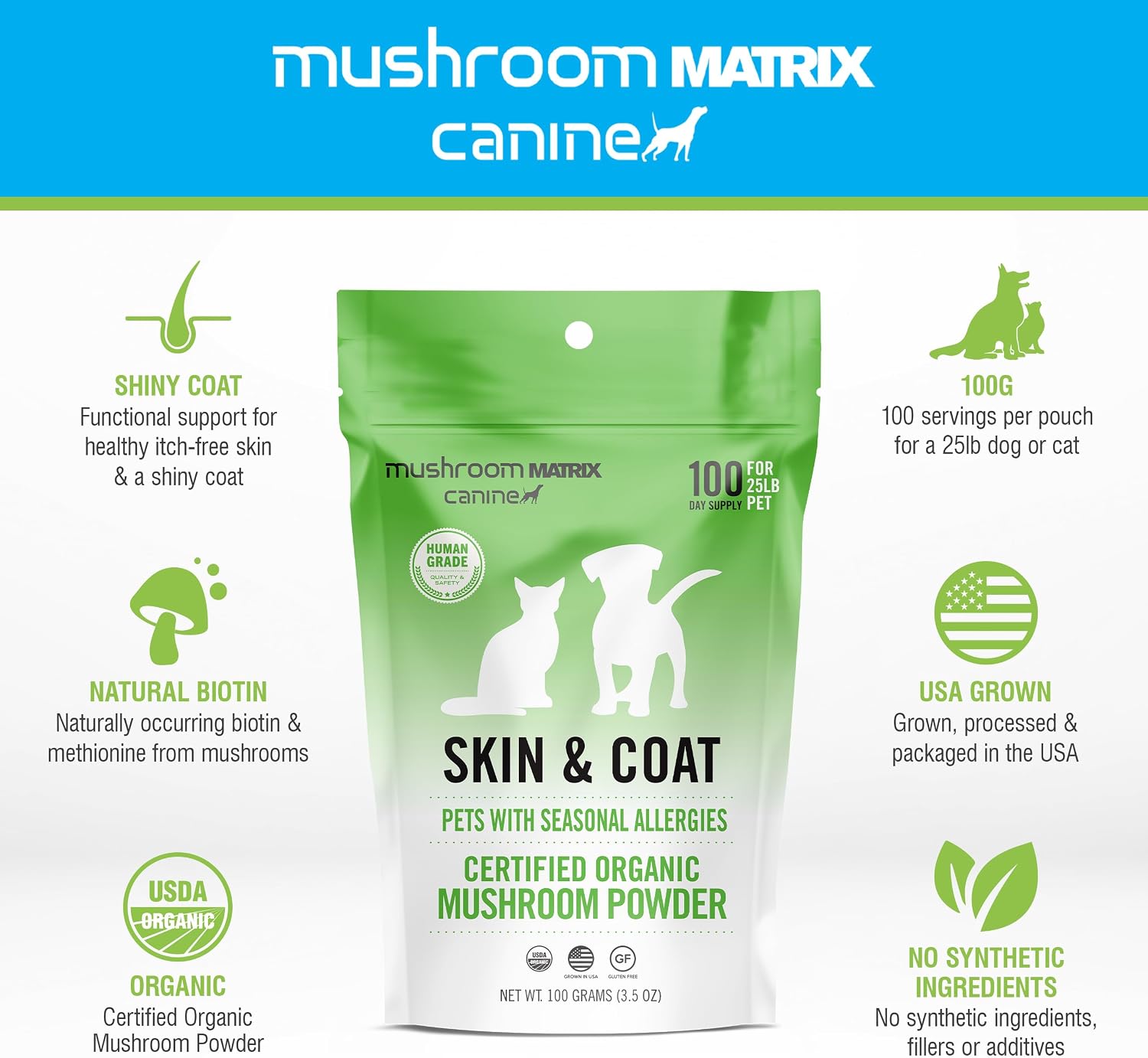 Om Mushroom Matrix Canine Skin & Coat - Polvo de Hongos Orgánico para Perros y Gatos (100g)