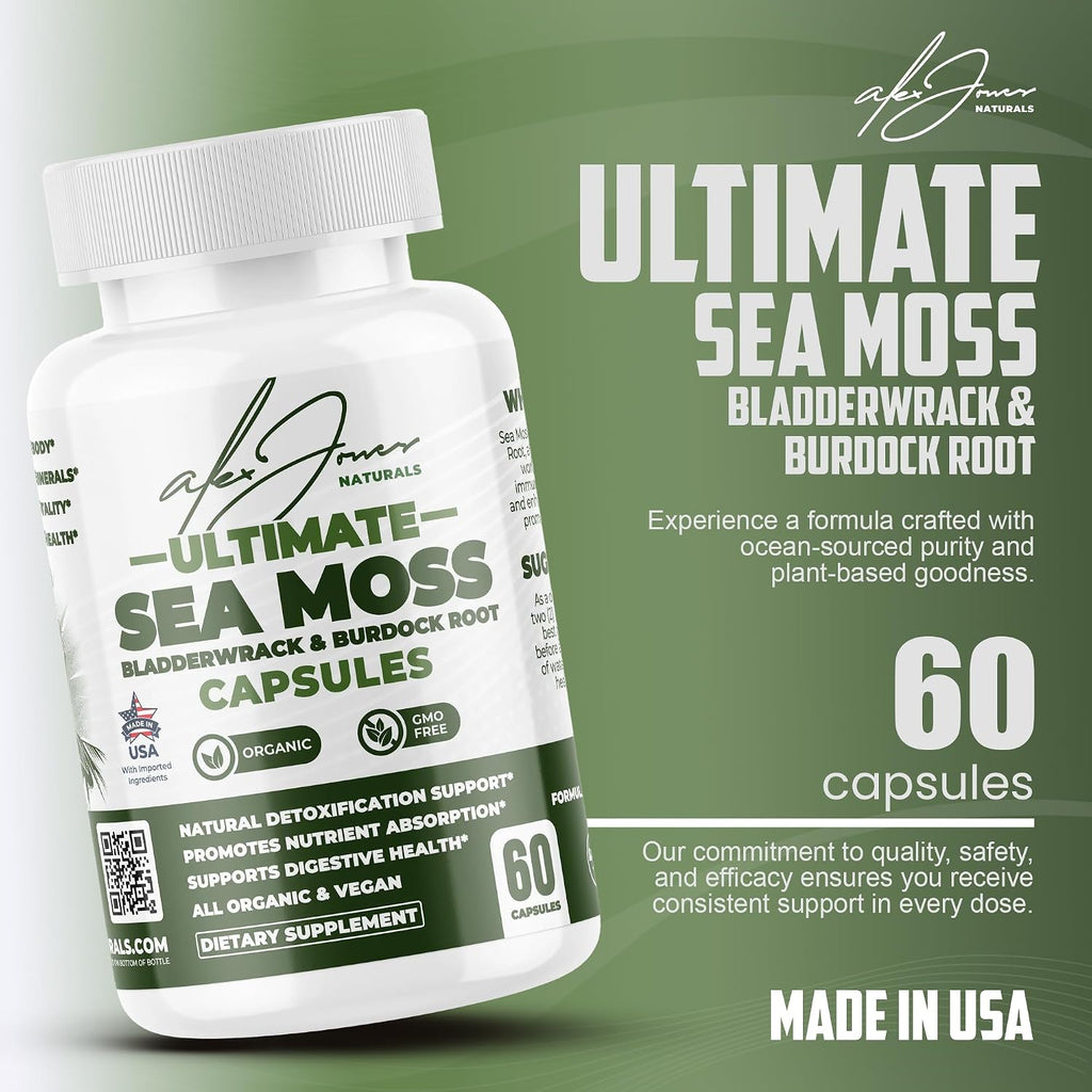 Alex Jones Ultimate Seamoss Capsules – Suplemento Vegano de Algas Marinas con Bladderwrack y Raíz de Bardana – Apoyo Inmunológico, Energía – 60 Cápsulas