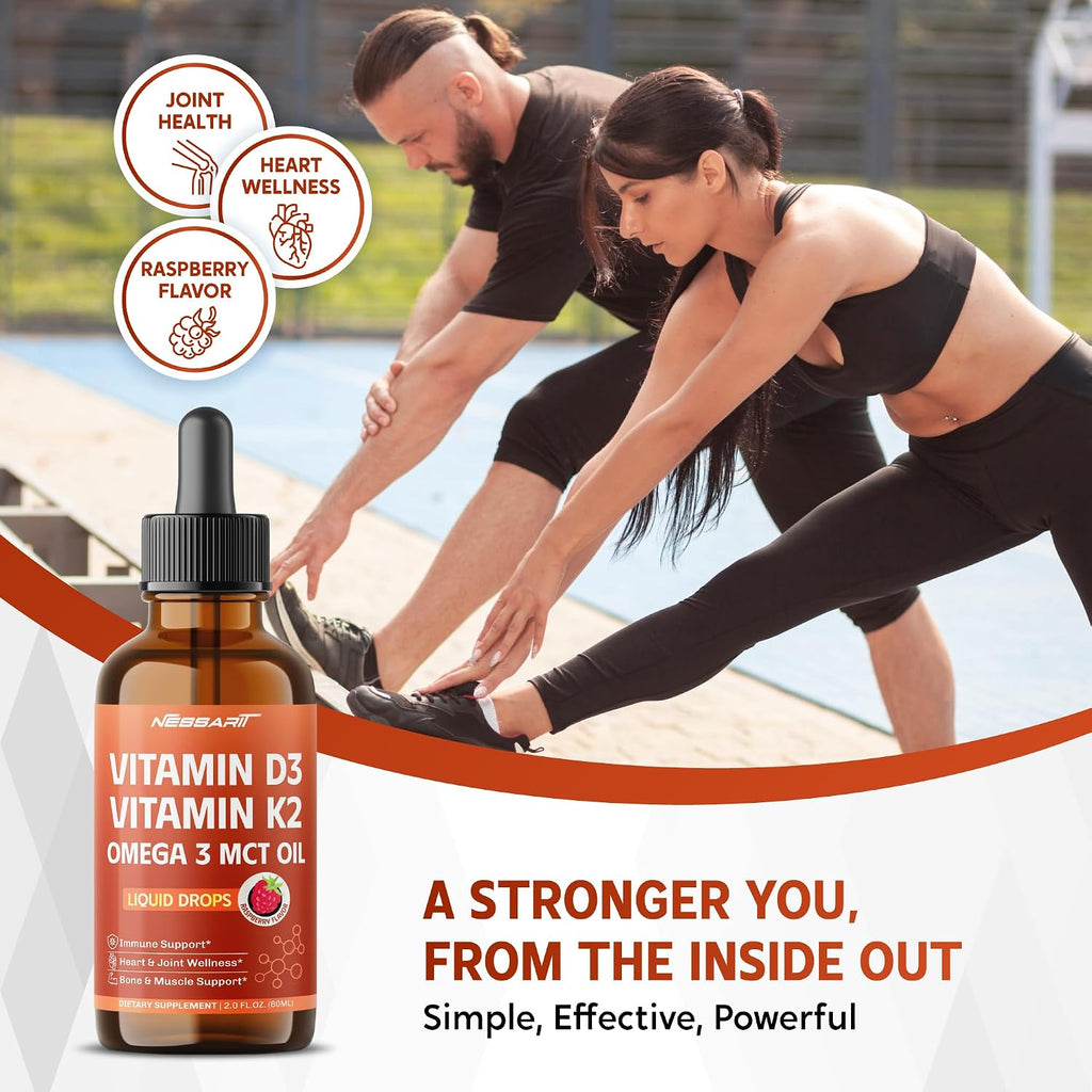 NESSARIT Vitamina D3 10.000 UI y K2 150 mcg Gotas Líquidas con Aceite MCT Omega 3 - Sabor Frambuesa - 60 ml